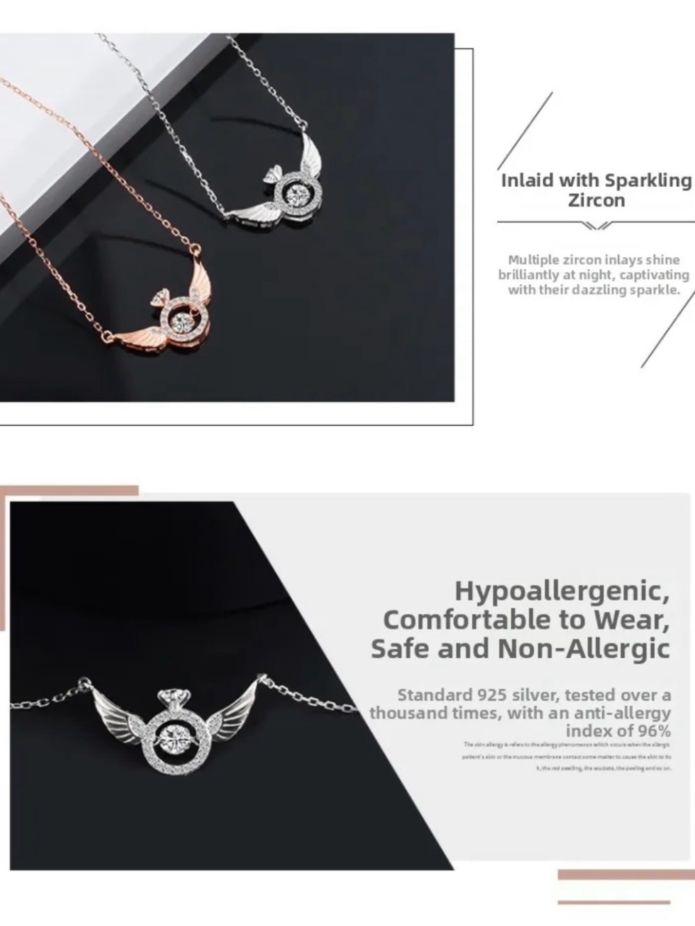 Angel Wings Dancing Heart Stone Necklace Copper Zirconia Elegant Clavicle Chain - Picture 5 of 7